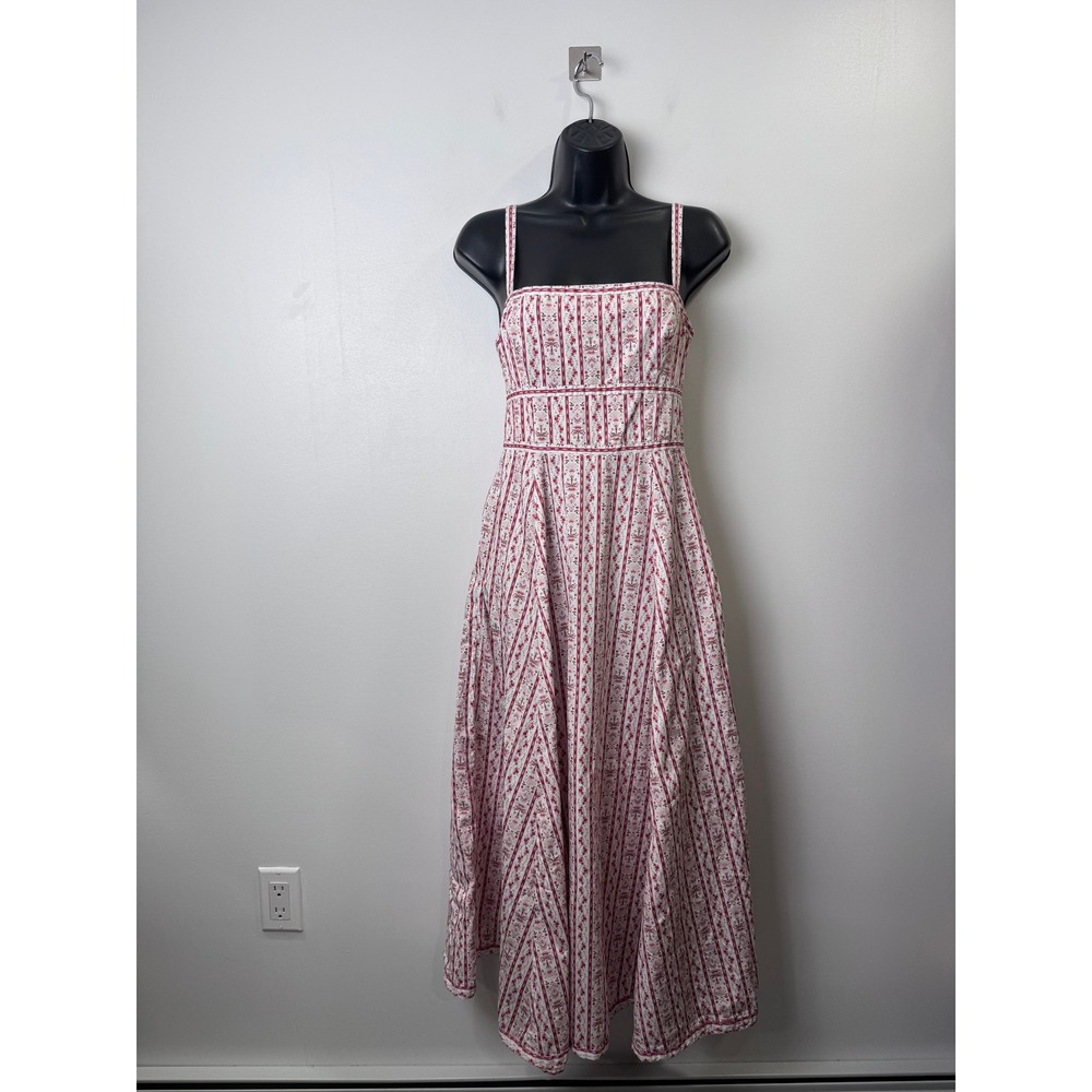 Hill House Women Margot Red Floral Stripe Nap Dress Smocked Midi Coquette Small